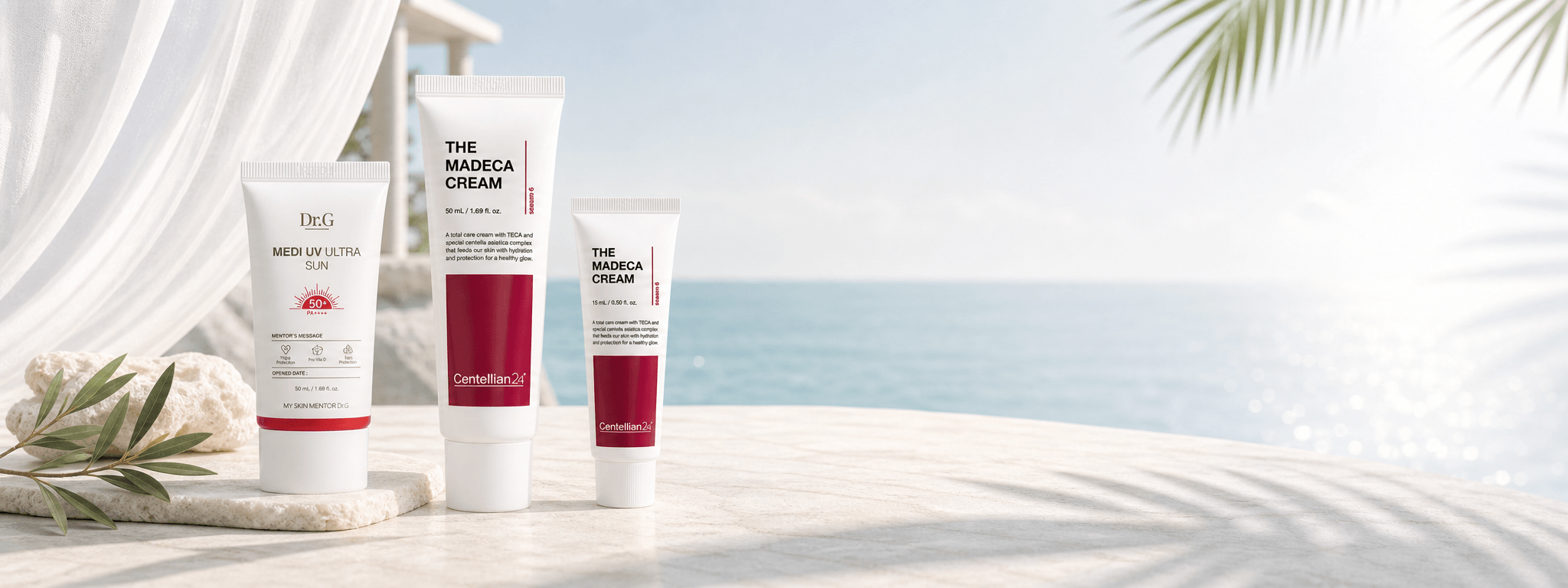 Summer K-beauty products on a bright seaside terrace