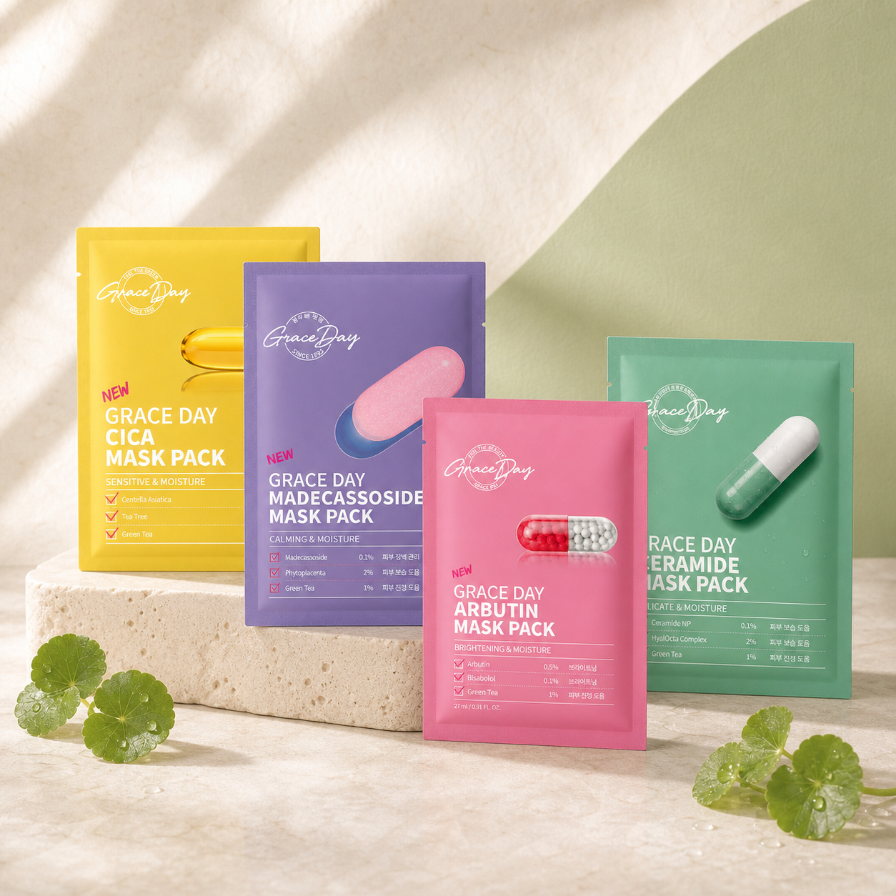 Grace Day sheet mask collection in a warm hanji botanical setting