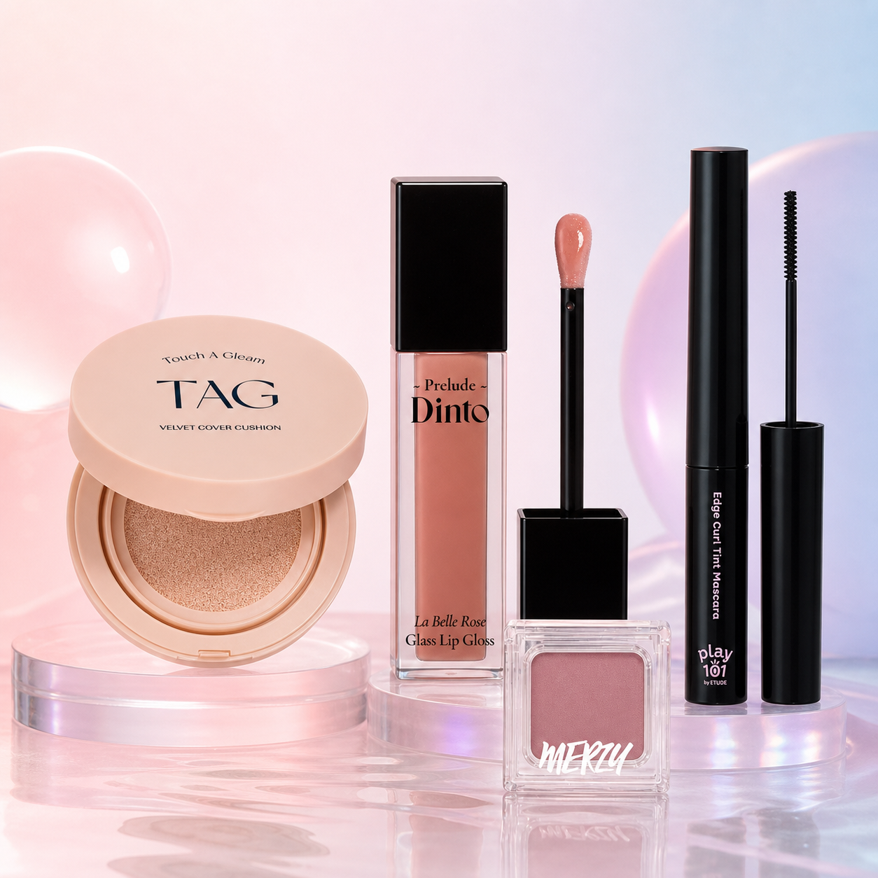TAG, Dinto, ETUDE, and MERZY makeup in a pastel studio setting