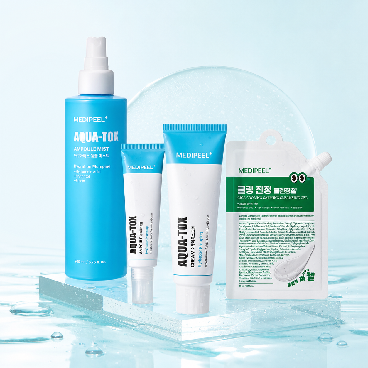 MEDIPEEL skincare routine in a fresh aqua glass setting