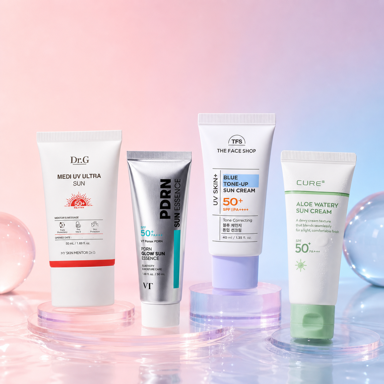 Dr.G, VT, THE FACE SHOP, and CURE alpha sun care in a pastel studio setting